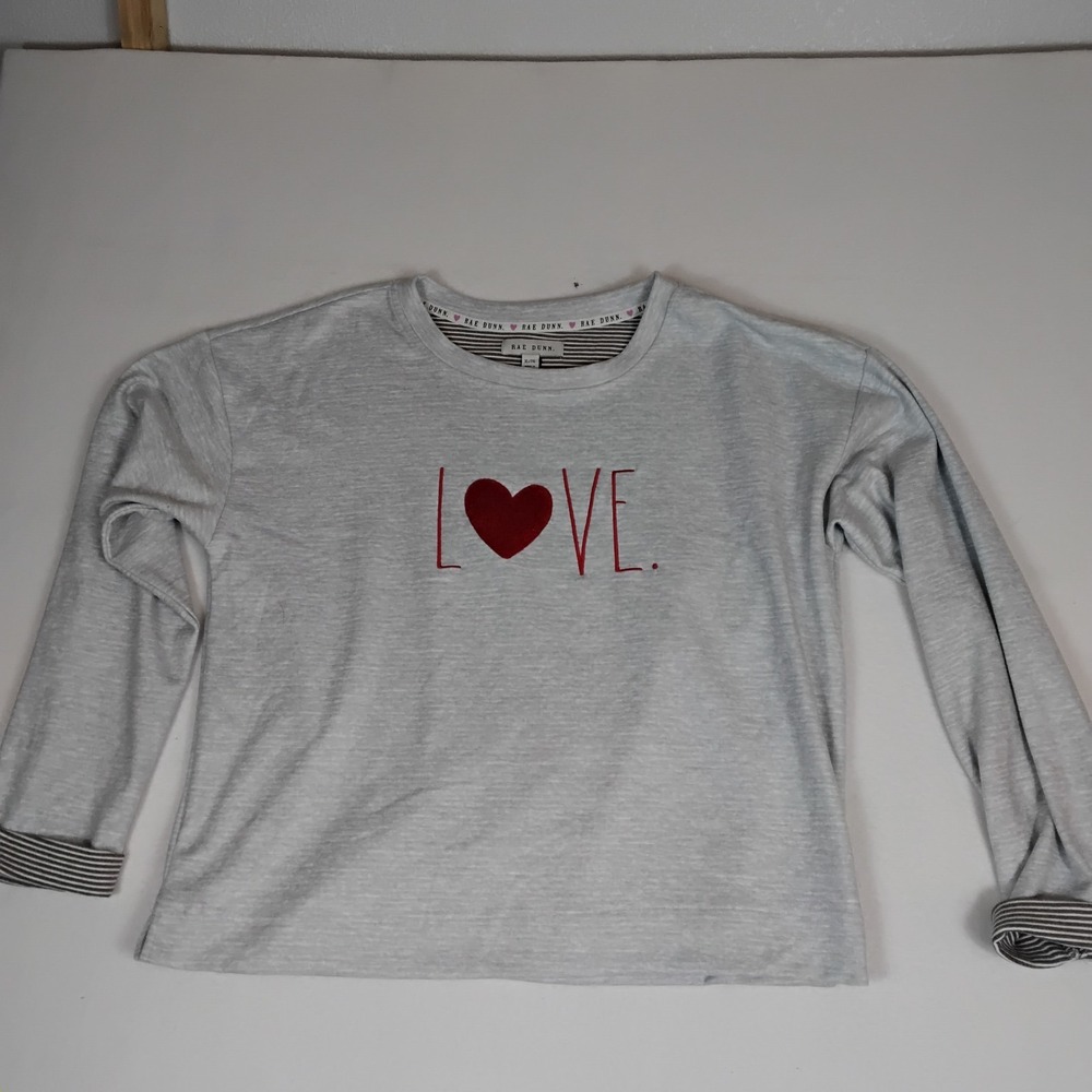 Rae Dunn Womens Gray "LOVE." Long Sleeve Top Heart Graphic Striped Cuffs XL